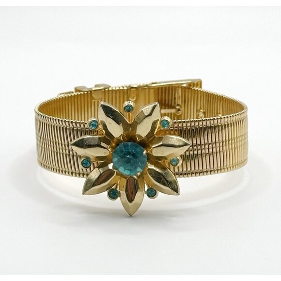 Coro Pegasus Rhinestone Flower Mesh Belt Buckle Bracelet - Picture 1 of 7